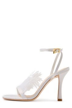 White satin sandal with feather detail on toe strap. - White satin- White feathers- Adjustable strap with gold hardware- Leather sole - 95mm / 3.75in heel height Made in Brazil