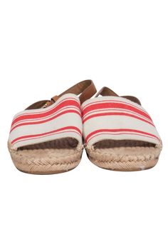 These luxe Tory Burch espadrille sandals are a vacation must-have! They will pair well with any sundress as you adventure around the streets of Greece. Rock your vacay in style with these comfy beauties! Size 8 Leather strap Gold-toned hardware Textile upper with striped pattern Toe to heel 10" Brown Slip-on Espadrilles With Contrast Sole, Multicolor Slip-on Espadrilles For Vacation, Multicolor Slip-on Espadrilles For Summer, Embroidered Slip-on Espadrilles For Beach, Tory Burch Espadrilles, Red Slip-on Espadrilles With Woven Sole, Striped Espadrilles, French Girl Chic, Chic Shop