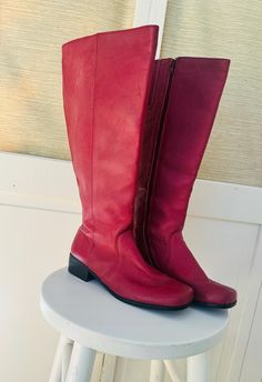 Vintage Y2K hot pink riding boots with flat heels.  Women's size 7.5 with wider width legs.  They measure 16" high, 10" long and have a 1.75" flat heel.  In good vintage condition. Shipping: USPS Standard Post (insurance tracking included) We are happy to ship internationally! *Due to the variability in shipping costs based on location, anything in excess of $2.00 over the actual cost will be refunded.  We can provide a combined shipping cost and/or estimate to your location. Refunds and Exchanges: All sales are final.  You will not be refunded if an item does not fit. Please check the measurements carefully and ZOOM into photographs to view details.  Please ask any questions prior to purchase.  Thanks! Thank you for looking! Browse the rest of our shop for more vintage lovelies! www.etsy. Pink Leather Mid-calf Boots For Winter, Pink Wide Calf Knee-high Boots, Pink Knee-high Wide Calf Boots, Pink Low Heel Boots For Fall, Pink Leather Knee-high Boots, Pink Leather Knee-high Boots For Winter, Pink Knee-high Leather Heeled Boots, Pink Knee-high Leather Boots, Pink Leather Knee-high Heeled Boots