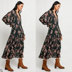 Flowy Floral Maxi Dress From Free People Featuring A Tiered Skirt With A V-Neckline And Voluminous Sleeves. -Cinched Cuffs -Ties At Neckline -A-Line Silhouette Care/Import Machine Wash Cold Import Contents: 100% Polyester Lining: 100% Viscose Length Approx 54" Bust: 55" Sleeve Length: 29" Nwot/Boutique Size: Medium Retail: $168.00 Maxi Dress Shoes Fall, Maxi Dress Cowboy Boots, Flowy Floral Maxi Dress, Feeling Groovy, Dresses With Cowboy Boots, Voluminous Sleeves, Tiered Skirt, Floral Maxi, Free People Dress