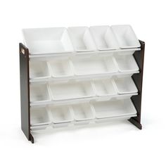 a wooden shelf with white dishes on it and two black shelves holding several trays