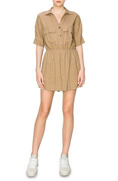 Utility details add trend-right appeal to a lightweight linen-blend romper that's ready for the weekend. 32 5/8" length (size Small) Front button closure Spread collar Short sleeves Chest flap patch pockets; front slant pockets Lined 70% viscose, 30% linen Hand wash, line dry Imported Beige Linen Casual Jumpsuits And Rompers, Spring Linen Jumpsuits And Rompers For Work, Linen Jumpsuits And Rompers With Pockets For Day Out, Casual Linen Jumpsuits And Rompers For Day Out, Casual Linen Jumpsuits And Rompers For Work, Spring Daywear Button-up Jumpsuits And Rompers, Casual Daywear Jumpsuits And Rompers For Fall, Casual Jumpsuits And Rompers For Fall Daywear, Button-up Jumpsuits And Rompers For Spring Daywear