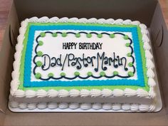 a birthday cake in a box with the words happy birthday dad / pastor mark on it