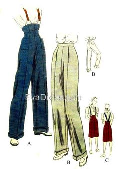 "Originally by Vogue (9016), (\"Easy to Make\") 'Slacks with built-up or regulation waist line and choice of long or below-knee length. Built-up version is dart-fitted at front and back with patch pockets at front. Slacks finished on belt at waist line have dart fullness released at front and patch pockets at back. Ribbon suspenders buttoned over elastic loops at front are optional. Turned back cuffs on long version. Blouse is not included.' This is a digitally-drafted 7-piece multi-size pattern Hippie Look, Look Retro, Fashion Design Sketches, Blouse Diy, 1940s Fashion, Moda Vintage, Mode Inspo, Mode Vintage, Looks Vintage