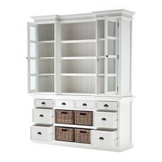 a white cabinet with drawers and shelves on it's sides, against a white background