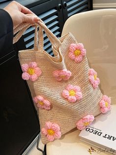 Bird in Bag - Double Vacation Straw Bag Decor Pink Vacation, Bags Elegant, Woven Handbags, Beige Bag, Straw Bags, Beach Casual, Flower Decor, Vacation Style, Casual Tote