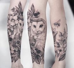 an owl and flowers tattoo on both legs is shown in black and grey ink, while the rest of the leg shows