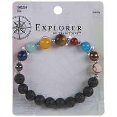 a bracelet with different colored beads and silver accents on it's front side, featuring the words explorer by expedition