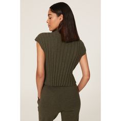 Green knit (95% Cotton, 5% Cashmere).Sweater. Mock neckline. Cap sleeve. Pull-on. 18" from shoulder to hemline. Imported. Ribbed High Neck Sweater Vest For Winter, Ribbed Turtleneck Sweater Vest For Winter, Winter Ribbed Turtleneck Sweater Vest, High Neck Knit Sweater With Ribbed Neckline, Textured Knit High Neck Top For Layering, Fitted Knit Mock Neck Top For Fall, Knit Sweater With Ribbed High Neckline, High Neck Textured Knit Top For Layering, Ribbed Sweater Vest For Workwear In Fall