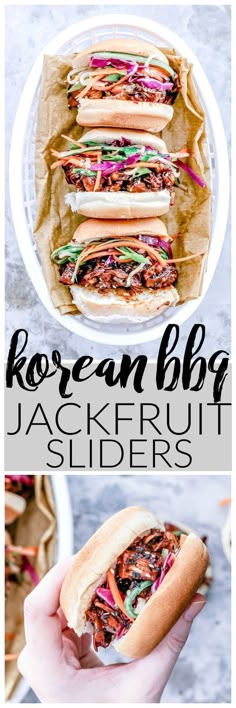 a person holding a hot dog in their hand with the words korean bbq jackfruit sliders on it