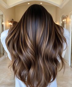 Trendy Chocolate Brown Balayage on Long Layers for Brunettes Dark Long Hair Balayage, Mocha Lowlights, Trending Dark Hair, Chocolate Brown Balayage, Dark Hair Colors, Brunette Shades, Light Brown Balayage, Dark Fall Hair Colors, Hair Colors For Brunettes