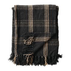 a black and white plaid blanket with fringes