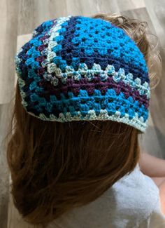 Crochet handmade kerchief in beige and blue Blue Bohemian Crochet Hat Adjustable, Adjustable Bohemian Crochet Hat In Blue, Adjustable Blue Bohemian Crochet Hat, Blue Adjustable Bohemian Crochet Hat, Blue Adjustable Crochet Hat For Festivals, Adjustable Blue Crochet Hat For Festival, Bohemian Blue Hand-knitted Crochet Hat, Blue Bohemian Crochet Hat, One Size Blue Bohemian Crochet Hat