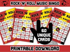 printable rock'n'roll music bingo game with hand and notes on it