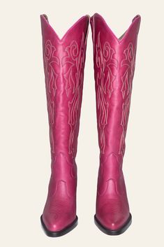 Introducing a vibrant statement piece: our Women's Wide Calf Cowboy Boots in a dazzling pink hue, highlighted by bold lime green and white stitching for an eye-catching look Offering a Comfortable 17.3-inch Calf Circumference Stylish 3.5-inch Heel Stride into style with assurance in these daring and fashion-forward boots Pink Fitted Winter Boots, Fitted Pink Winter Boots, Western Pink Heeled Boots For Spring, Pink Fitted Heeled Boots With Round Toe, Fitted Snip Toe Heeled Boots For Spring, Pink Fitted Heeled Boots For Spring, Fitted Pink Knee-high Heeled Boots, Fitted Pink Boots With Round Toe, Pink Leather Heeled Boots For Winter