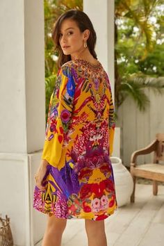 Yellow tunic with all over floral prints embellished by stone work. - Aza Fashions Spring Vibrant Print Tunic, Multicolor Floral Embroidered Tunic Kaftan, Summer V-neck Tunic With Vibrant Print, Vibrant Multicolor Floral Print Kaftan, Floral Print Tunic, Vibrant Print V-neck Tunic, Tropical Floral Print, Stone Work, Tropical Floral