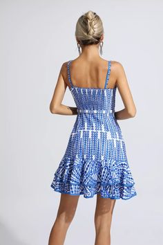 Paislee Blue Cutout Ruffle Mini Dress Flirty Belted Summer Dress, Belted Mini Dress For The Beach, Belted Mini Dress For Beach, Belted Mini Dress For Summer, Summer Mini Dress With Belt, Mini Ruffle Sundress, Fitted Belted Tiered Dresses, Mini Length Belted Dresses For Vacation, Belted Mini Dress For Vacation