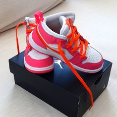 Brand New - Nike Orange And Pink High Tops Too Small On My Daughter Pink Jordan Sports Shoes, Pink High-top Jordan Shoes, Pink High-top Jordan Shoes For Streetwear, Pink Sporty Jordan Shoes, Pink Sporty Jordan Shoes For Sports, Cute Pink Low-top Sneakers, Pink Jordan Shoes For Streetwear With Round Toe, Sporty Pink High-top Jordan Shoes, Sporty Pink Low-top Jordan Shoes