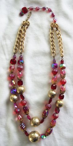 "Vintage Beaded Choker / Necklace: Two-Strand Pink & Red Glass with Gold Metal Accent Beads Unusual 1950s-1960s Pretty 50s-60s necklace, with gorgeous pink and red glass beads of various shapes and types with different sizes of round gold metal beads and chunky gold chain. Hook clasp; unmarked. This necklace is truly gorgeous--the beads sparkle and shimmer. 17\" long / 20.5\" long with extender...this is a choker." Leather Collar Necklace, Girls Choker, Leather Choker Collars, Boho Choker Necklace, Simple Choker, Chunky Gold Chain, Laser Engraved Leather, Black Velvet Choker, Gold Chain Choker