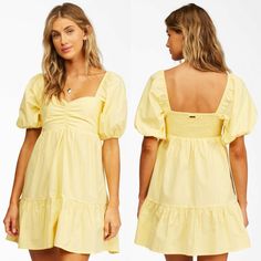 Size: Large Bust: 36-38 In. Waist: 30 In. Features: Fabric: Cotton Poplin Fabric. Fit:Fitted Bodice. Short Puff Sleeves. Neck:Sweetheart Neckline. Ruffle On Skirt Hem. Composition: 100% Cotton. Cute Yellow Mini Dress For Vacation, Casual Yellow Puff Sleeve Dress, Cute Yellow Mini Dress For Brunch, Yellow Puff Sleeve Mini Dress With Ruffles, Yellow Puff Sleeve Mini Dress For Summer, Yellow Puff Sleeve Vacation Dress, Yellow Puff Sleeve Beach Dress, Yellow Puff Sleeve Dress For Vacation, Yellow Puff Sleeve Cotton Dress