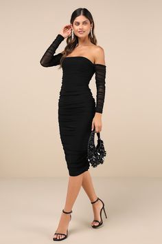 Admirers will be lining up and down the street to take you out in the Lulus Desirable Date Black Mesh Ruched Off-the-Shoulder Midi Dress! Airy, stretchy mesh knit shapes this sensational dress with a straight, elasticized neckline, framed by long, off-the-shoulder ruched sleeves. The figure-hugging silhouette flaunts your curves just right as it continues down to a bodycon midi skirt. Additional flattering ruching at the sides creates a head-turning final finish! Fit: This garment fits true to size. Length: Mid-calf length. Size medium measures 41.5" from top to bottom. Bust: Great for any cup size. Waist: Fitted - stretchy fabric allows custom fit. Hip: Fitted - stretchy fabric allows room for hips. Undergarments: May be worn with a strapless bra, adhesive bra, petals, or no bra. Fabric: