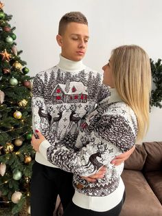 Celebrate the holiday season in style with our cozy Christmas Couple Sweaters! These charming matching turtleneck wool jumpers are perfect for couples looking to spread festive cheer. With their warm fabric and delightful designs, they make an ideal family anniversary gift. Snuggle up together by the fire or capture the perfect holiday photo in these stylish sweaters. Make your Christmas unforgettable and cozy with our matching couple jumpers, designed to keep you warm and in the spirit of love. Ugly Sweater Ideas For Couples, Couple Sweaters Matching, Couple Sweaters, Couples Christmas Sweaters, Ideal Family, Couples Sweaters, Warm Fabric, New Year Photos, Wool Jumper