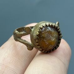 a close up of a person's hand holding a ring with an animal on it