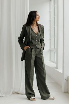 Khaki Green Linen 3-piece matching suit straight Jacket, Vest and Palazzo Pants.Summer formal pants suit.Women's suit with vest and blazer. MATERIAL: Natural linen with the addition of cotton: 90% linen, 10% cotton. COLOURS: Kelly Green, Beige, Black, Lemon, Hot Pink, White WE OFFER TO UNPACK SUIT IN DIFFERENT SIZES Blaze and Pants (see the Variations) SIZES-LENGTH: XS size: Blazer-65cm, Sleeves-60cm, Pants-108cm S size: Blazer-67cm, Sleeves-61cm, Pants-109cm M size: Blazer-69cm, Sleeves-62cm, P Luxury Wide-leg Pantsuit For Fall, Dressy Pant Suits Shop, Luxury Wide Leg Workwear Sets, Luxury Spring Straight Leg Pantsuit, Luxury Suits For Spring Workwear, Pantsuits For Women Coats & Jackets, Luxury Wool Pantsuit For Business, Pant Suits For Women Chic, Luxury Casual Pantsuit With Pockets