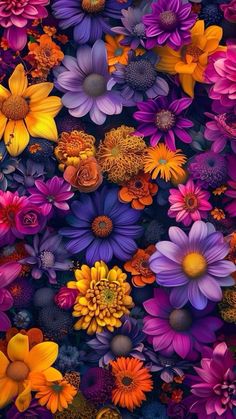 an image of colorful flowers that are in the middle of a wallpaper pattern with purple, yellow and orange colors