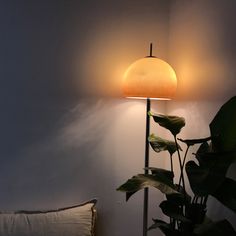 a lamp that is sitting on top of a table next to a plant in a room