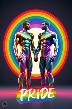 two men standing next to each other in front of a rainbow colored background with the word pride