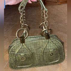 Nwot, Never Worn Or Used, Charlie Lapson ”Crocodile” Embossed Glazed Leather Shoulder Bag-Green Mb#9, Gold Hardware Detailing! Green Leather Satchel With Crocodile Pattern, Outfit Repeater, Green Purse, Bag Green, Idea Board, Giza, Fit Inspo, Green Bag, Fitness Inspo