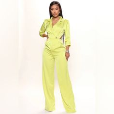 New Without Tags Women’s Fashion Nova Office Talks Chartreuse Jumpsuit Lime Sz M. Sold Out Online. Gorgeous Lime Color. Zips In The Back. With Open Lower Back. Gold Button Detailing (Faux) Chic V-neck Suits For Spring, Spring Fitted V-neck Suits, Spring V-neck Fitted Suits, Spring Season V-neck Sets For Night Out, Spring V-neck Sets For Night Out, Chic Suits For Night Out In Spring, Chic V-neck Party Suit, Green Overalls For Work, Green Workwear Overalls