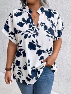 Plus Size Women's Summer Floral Print Cutout V-Neck Batwing Short Sleeve Casual Blouse Multicolor Casual  Short Sleeve Woven Fabric Floral,Plants,All Over Print Top Non-Stretch  Women Plus Clothing, size features are:Bust: ,Length: ,Sleeve Length: Vacation V-neck Printed Blouse, Printed V-neck Blouse For Vacation, Vacation Floral Print Blouse With Split Neck, Vacation Split Neck Blouse With Floral Print, White Floral Print Split Neck Tops, Fabric Floral, Summer Floral, Casual Blouse, Plus Size Blouses