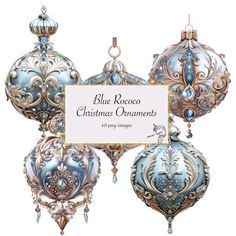 blue and silver ornaments with a white sign in the middle that says blue recoco christmas ornaments ornaments