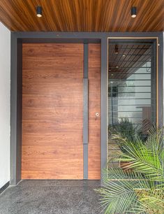 the front door is made of wood and has two glass panels on each side, along with plants