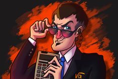 a drawing of a man holding a calculator in his right hand and wearing sunglasses