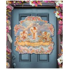 a blue door with an angel painting on the front and side panels, along with pink flowers