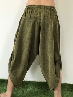 "Male Model Tall 5'9\" Waist 34\" Samurai Pants - elastic waistband, Unisex pants, beautiful casual pants is unique & comfortable to wear Handmade with a very lovely pattern, it is easy to wear and great for many occasions. One size fits most. These pants are great for many different activities like traveling, dancing, going to festivals, rock climbing, yoga, meditation, massage, working out, martial arts, Taichi MATERIAL: 100% Cotton APPROX MEASUREMENT: Waist: 24\"- 40\" Length: 27\" (Refer Casual Wide Leg Harem Pants For Yoga, Casual Yoga Harem Pants Wide-leg, Casual Wide-leg Harem Yoga Pants, Hippie Wide Leg Bottoms For Meditation, Casual Yoga Harem Pants With Wide Legs, Casual Harem Bottoms For Meditation, Cotton Non-stretch Harem Yoga Pants, Non-stretch Cotton Harem Yoga Pants, Traditional Relaxed Fit Wide Leg Harem Pants