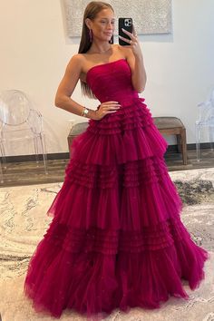 Red Pink Prom Dress, Long Dance Dresses, Prom Dresses Fluffy, Layered Tulle Prom Dress, Fuchsia Prom Dress, Tiered Prom Dress, Tulle Long Prom Dress, Gown Prom Dresses, Prom Dress Inspo