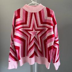 Never Worn Cute Pink Star Sweater! Cute And Trendy With Mock Neck! Pink Star Sweater, Spiral Star, Shein Sweater, Pink Star, Sweater Cute, Star Sweater, Pink Stars, Star Pattern, Pattern Sweater