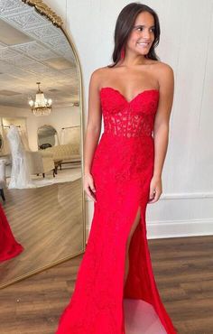 Red Lace Corset Dress, Lace Corset Dress With Sheer Fitted Bodice, Prom Corset Dress With Heart-shaped Neckline And Lined Bodice, Red Lace Corset Prom Dress, Fitted Floor-length Lace Corset Dress, Fitted Long Dress, Tulle Prom Dress Long, One Shoulder Homecoming Dress, Lace Long Prom Dress