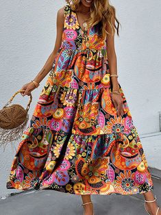 Lasaky - Loose-Fit Floral Print Sleeveless Maxi Dress with Wide Hem and Casual Neckline Bodycon Cocktail Dress, Denim Maxi Dress, Flower Skirt, Floral Print Maxi Dress, Floral Print Maxi, Daily Dress, Maxi Dress With Sleeves, Sleeveless Maxi Dress, Types Of Skirts