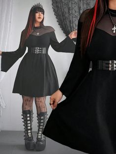 Plus Size Halloween Cosplay Dark Punk Mesh Patchwork Retro Palace Style Trumpet Sleeve A-Line Dress Black Elegant  Wrist-Length Sleeve Knitted Fabric Plain A Line Medium Stretch  Women Plus Clothing, size features are:Bust: ,Length: ,Sleeve Length: Dark Punk, Lace Long Sleeve Shirt, Trumpet Sleeve, Plus Size Halloween, Estilo Punk, Mini Velvet Dress, Lace Shirt, Dark Fashion, Halloween Cosplay