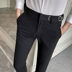 ﾠ ﾠ Black Slim Fit Ankle-length Dress Pants, Black Slim Fit Dress Pants With Pockets, Black Slim Fit Straight Dress Pants, Black Slim Fit Work Pants For Business Casual, Slim Fit Ankle-length Black Pants, Black Slim Fit Bottoms With Pockets, Slim Fit Black Pants With Tapered Leg, Black Slim Fit Full Length Bottoms, Black Stretch Pants For Business