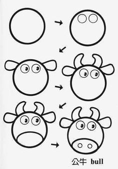 the instructions for how to draw a cartoon cow's head with different facial expressions