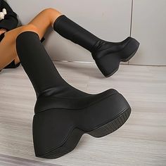 Category:Boots; Upper Materials:PU; Season:Fall,Winter; Heel Type:Chunky Heel,Platform; Gender:Women's; Toe Shape:Round Toe; Type:Knee High Boots; Style:Gothic,Minimalism,Casual; Heel Height(inch):2-3; Outsole Materials:Rubber; Occasion:Daily,Outdoor; Closure Type:Loafer; Pattern:Solid Color; Listing Date:09/13/2023; 2024 Trends:Plus Size,Platform Boots Black Wedge Boots, Knee High Boots Winter, Black Punks, Platform Wedge Heels, Wedge Ankle Boots, Platform Heels Chunky, Boots Women Fashion, Platform High Heels, Chunky Boots