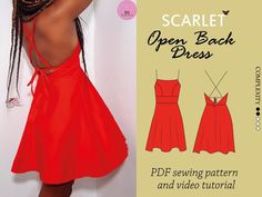 a woman in a red dress with braids and an open back dress sewing pattern