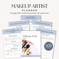 the makeup artist planner is shown in four different colors and sizes, with text overlaying it