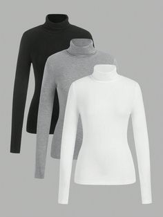 3 Pack Women's Casual  Turtleneck Long Sleeve Shirt Lightweight Slim Pullover Basic Undershirts Active Turtle Neck T-Shirts ,Autumer / Winter Multicolor Casual    Plain  Medium Stretch  Women Clothing, size features are:Bust: ,Length: ,Sleeve Length: Turtle Neck Shirts Women, Turtle Neck Shirt, Casual Turtleneck, Turtleneck Shirt, Women's Shapewear, Turtle Neck Top, Casual Streetwear, Sleeves (women), Neck Shirt